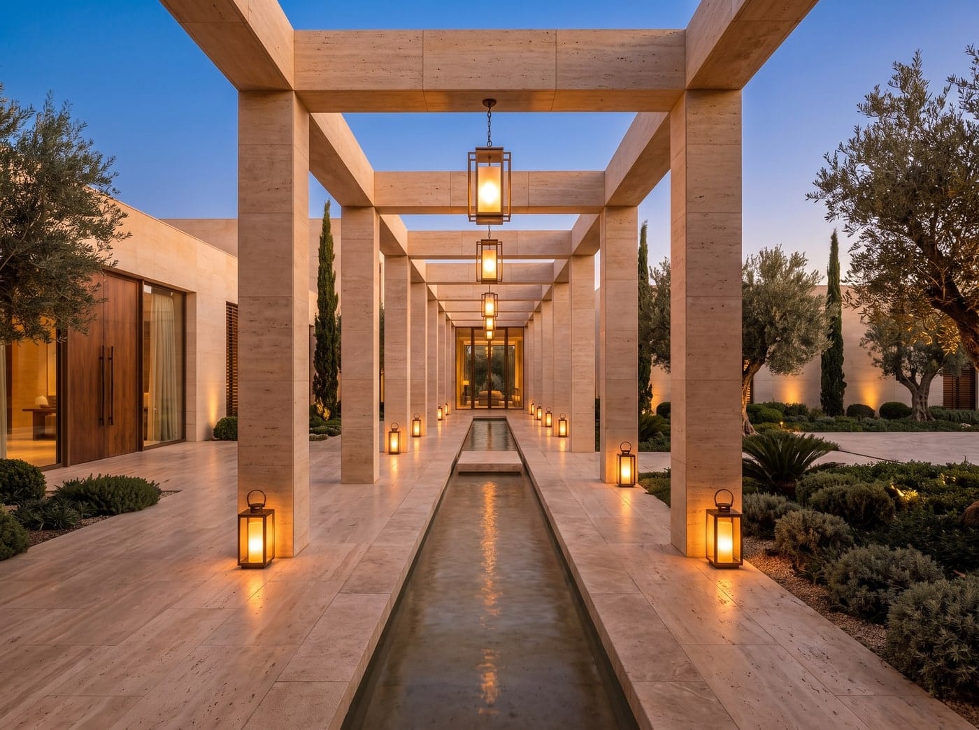 Patio de llegada de un hotel boutique con columnata de travertino.